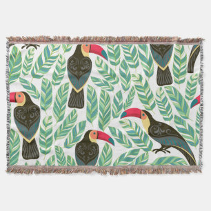Cobertor Tucanos, folhas tropicais, padrão decorativo.