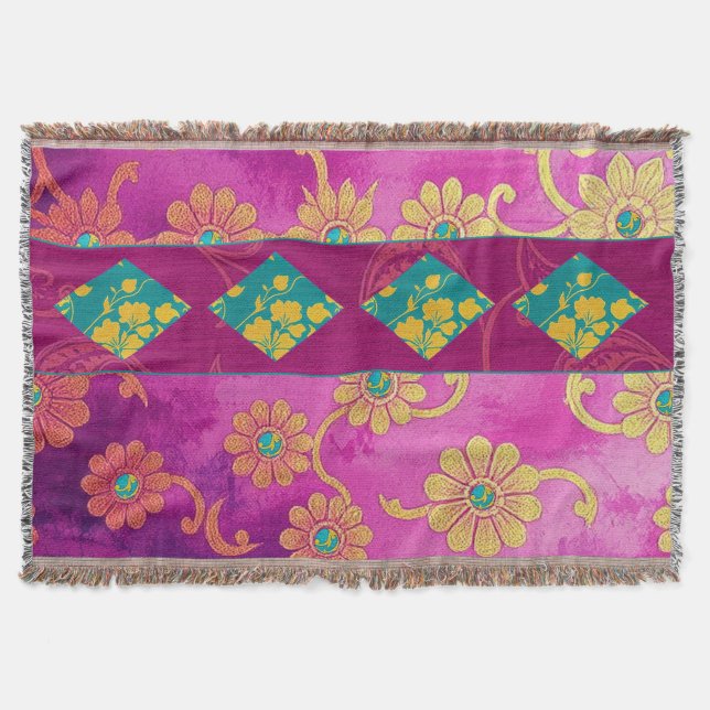 Cobertor Turquesa Rosa ORIENTAL Floral - Cobertura do Linho (Frente)