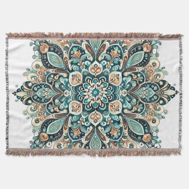 Cobertor Turquoise Paisley Mandala com Destaques Dourados 1 (Frente)