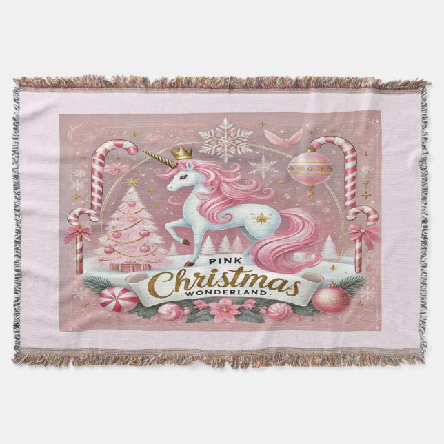 Cobertor Unicórnio de Natal Rosa País das Maravilhas (Frente)