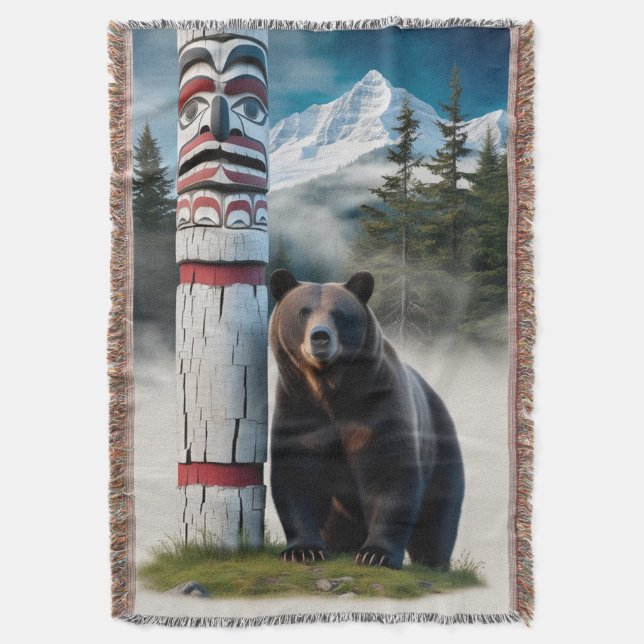 Cobertor Urso Grizzly com Arte de Vida Selvagem Totem Pole (Frente Vertical)