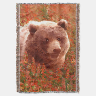 Cobertor Urso Grizzly na Pintura de Arte Selvagem com Algas