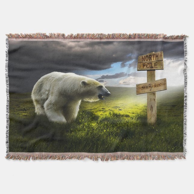 Cobertor Urso polar a olhar para o cartaz de madeira do pol (Frente)