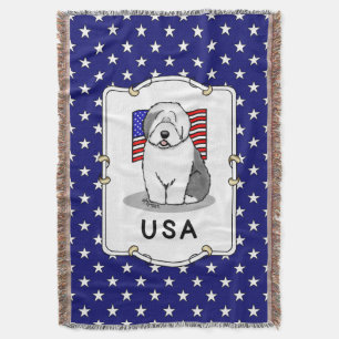 Cobertor US American Flag Old English Sheepdog (Cinza 1)
