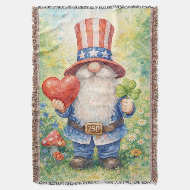 Cobertor USA 250th Anniversary Patriotic Gnome Heart Shamro (Frente Vertical)