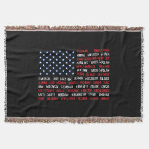 Cobertor USA American Flag All 50 State Names