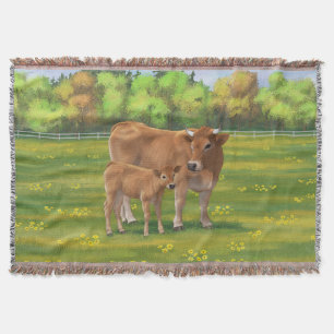 Cobertor Vaca Aubrac e Vitelo Fresco na Pastagem Primavera