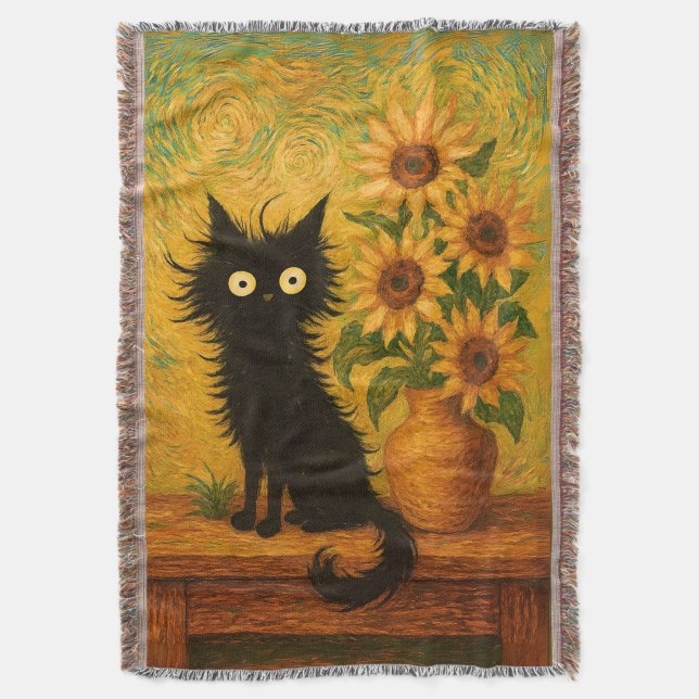 Cobertor Van Gogh inspirou Black Cat e Sunflower artísticos (Frente Vertical)