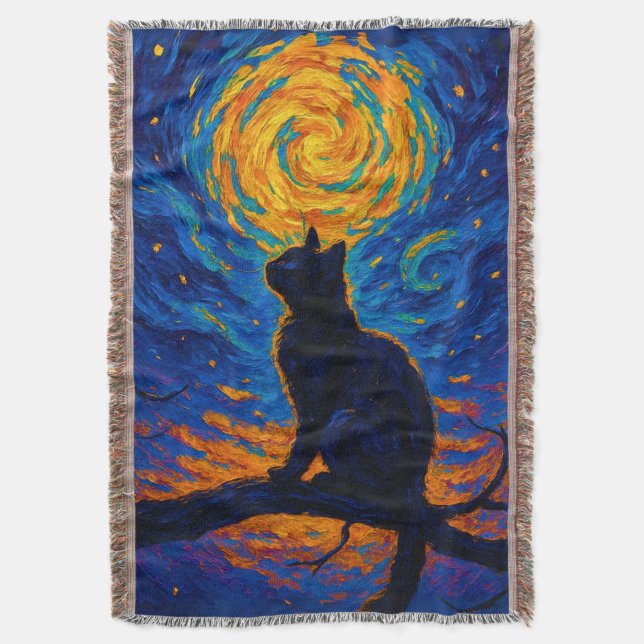 Cobertor Van Gogh Style Black Cat Gazing at the Moon (Frente Vertical)