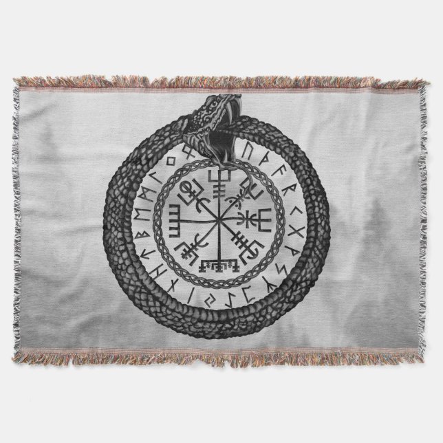 Cobertor Vegvisir com Ouroboros e corridas - escala cinzent (Frente)