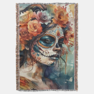 Cobertor Vibrant Watercolor Dia de los Muertos Catrina