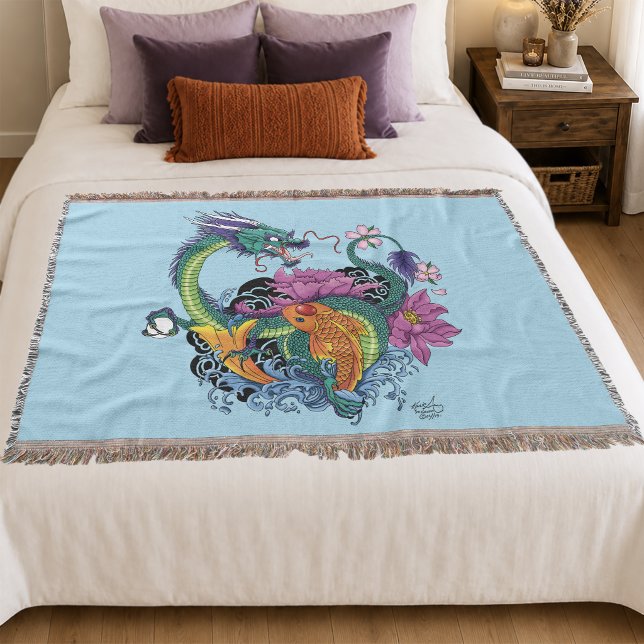 Cobertor Vibrante Flor de Lótus Dragão Koi Turquesa Orienta (Criador carregado)