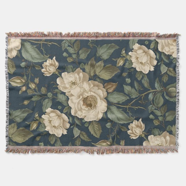 Cobertor Victorian Navy & Cream Floral Botanical Blanket (Frente)