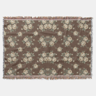 Cobertor Vintage Cream Roses on Mocha Brown Pattern