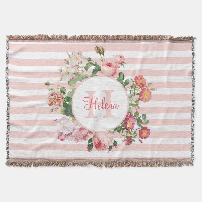 Cobertor Vintage Flores Rosa Stripes Monograma (Frente)