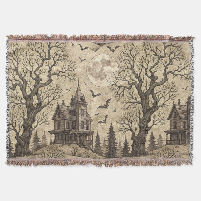 Cobertor Vintage Haunted House & Full Moon (Frente)