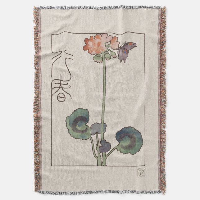Cobertor Vintage Japanese Spring Art: Geranium & Butterfly (Frente Vertical)
