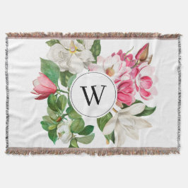 Cobertor Vintage White & Pink Magnolia Flowers Monograma