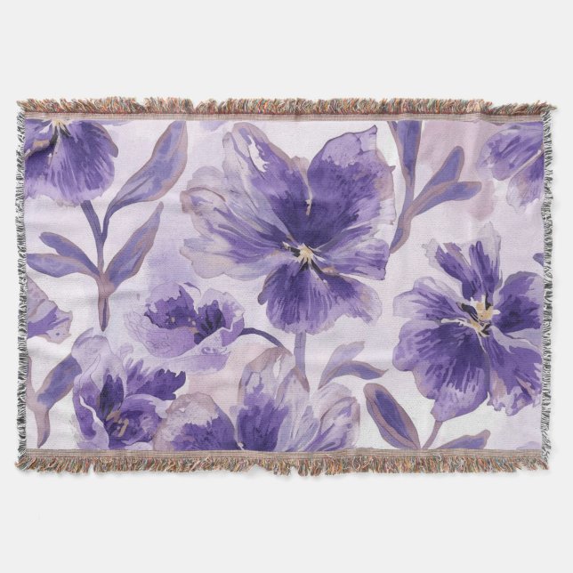Cobertor Violet Floresce Aquarela Flores Roxas Pintadas (Frente)