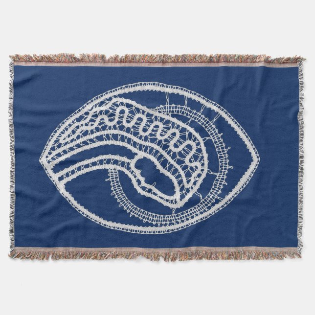 Cobertor Virgem Abençoada Maria, renda branca, azul marinho (Frente)