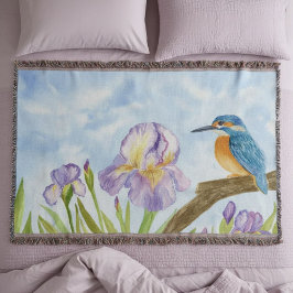 Cobertor Watercolor Kingfisher with Purple Irises