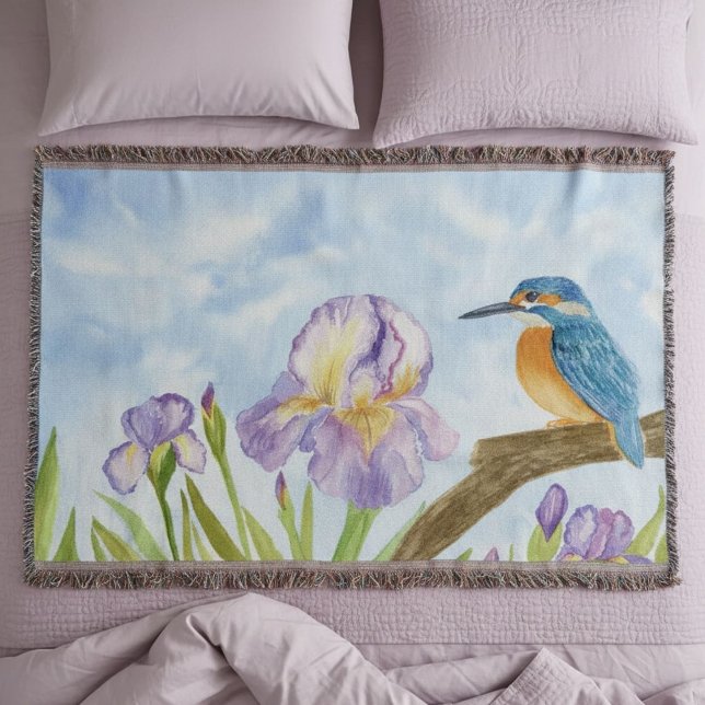 Cobertor Watercolor Kingfisher with Purple Irises (Criador carregado)