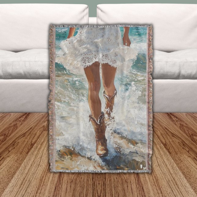 Cobertor Western Fringe Throw Blanket Cowgirl Beach (Cowgirl Walking Through The Waves on Beach in White Eyelet Skirt Western Fringe Throw Blanket)