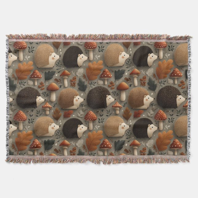 Cobertor Whimsical Autumn Hedgehog & Mushroom Pattern (Frente)