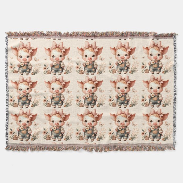 Cobertor Whimsical Piglet in Pastel Overalls Peach (Frente)
