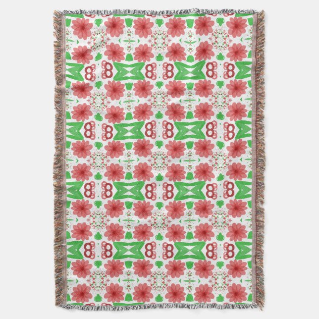 Cobertor Whimsical Red Flowers Green Leaves On White Art (Frente Vertical)