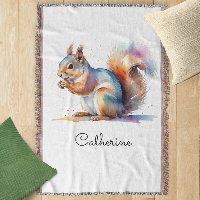 Cobertor Whimsical Watercolor Squirrel Personalized (A throw blanket with squirrel design in a watercolor style, personalized with a name)