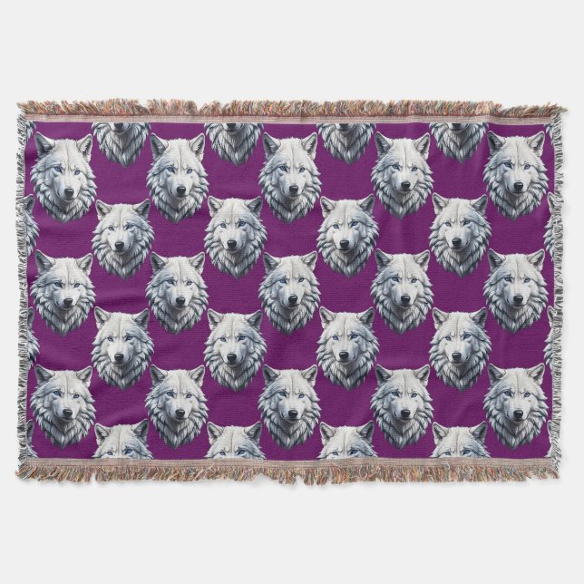 Cobertor White Wolf Head Pattern Design Purple  (Frente)