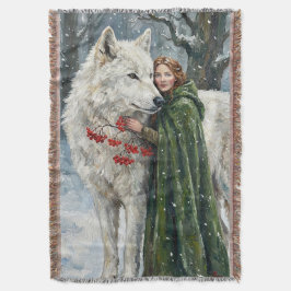 Cobertor White Wolf Redhead Druid Winter Berries Fantasy Ar