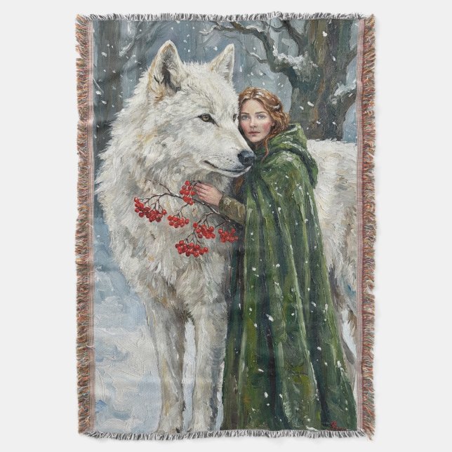 Cobertor White Wolf Redhead Druid Winter Berries Fantasy Ar (Frente Vertical)