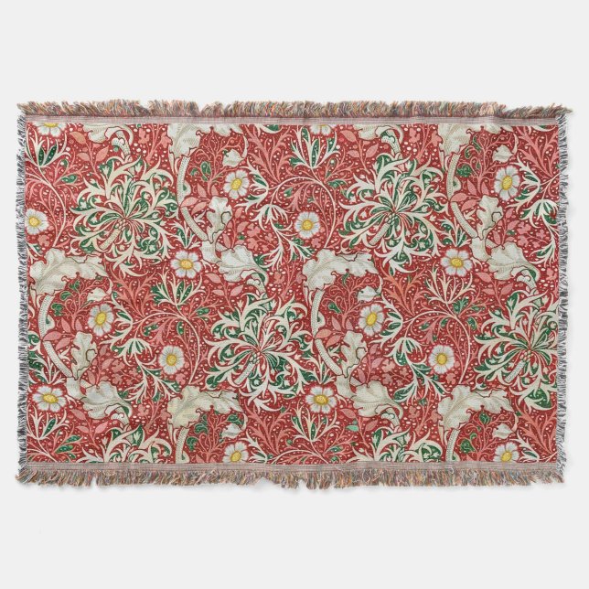 Cobertor William Morris Algas Flor Antiga Vermelho Verde (Frente)