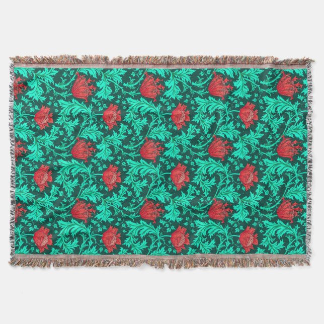 Cobertor William Morris Anemone, Deep Red e Turquoise (Frente)