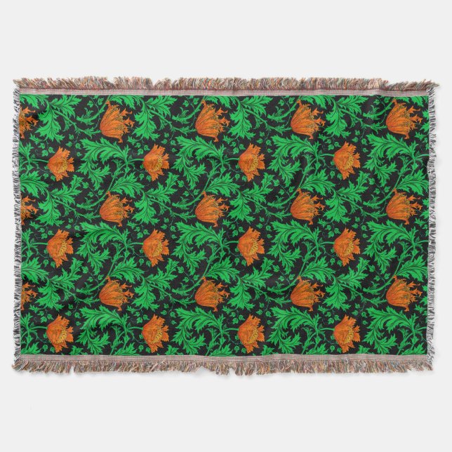 Cobertor William Morris Anemone, Laranja, Verde e Preto (Frente)
