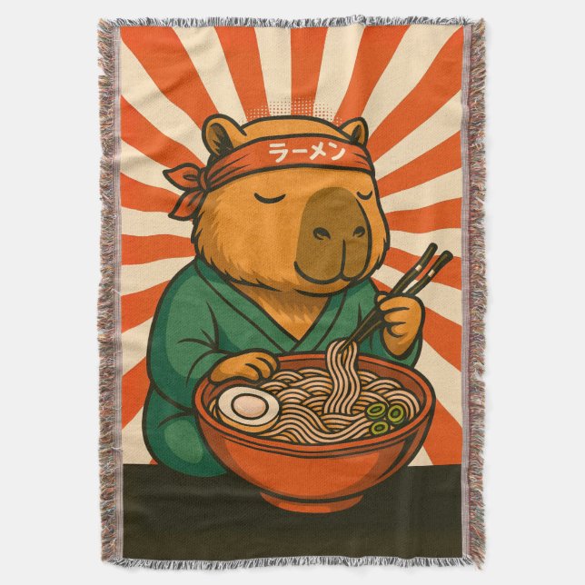 Cobertor Zen Capybara Eating Ramen with Radiating Stripes (Frente Vertical)