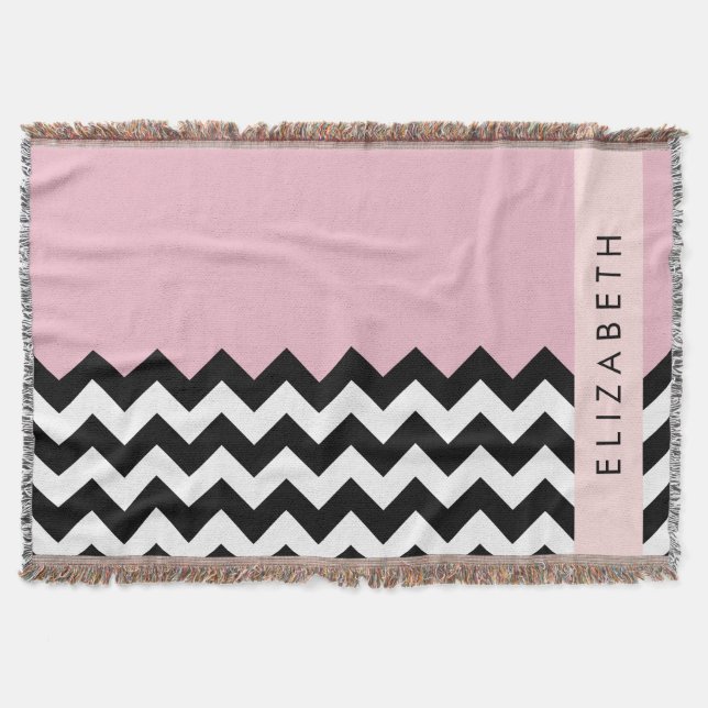 Cobertor Zigzag preto-e-branco, Chevron, rosa, seu nome (Frente)