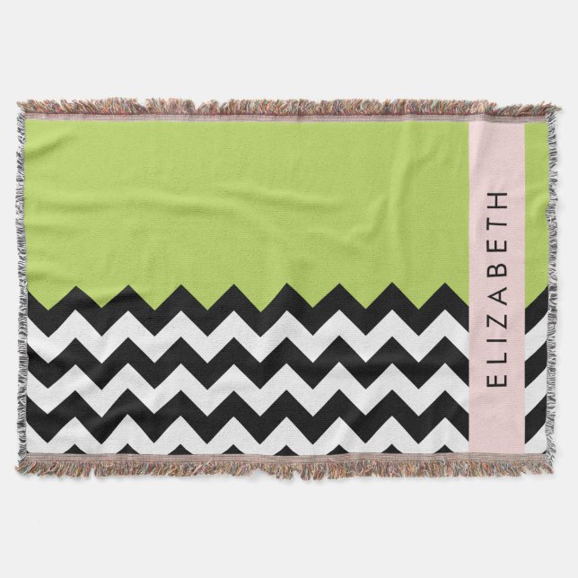 Cobertor Zigzag preto-e-branco, Chevron, verde, seu nome (Frente)
