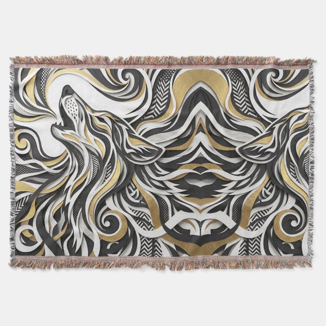 Cobertores com Silhueta de Lobo Abstrato em Ouro (Frente)