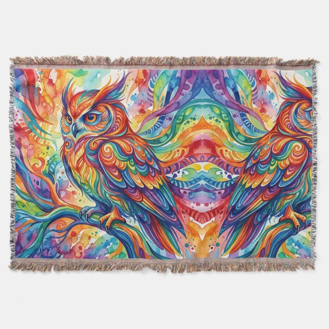 Cobertores de Aguarela com Coruja Abstrata e Arco- (Frente)