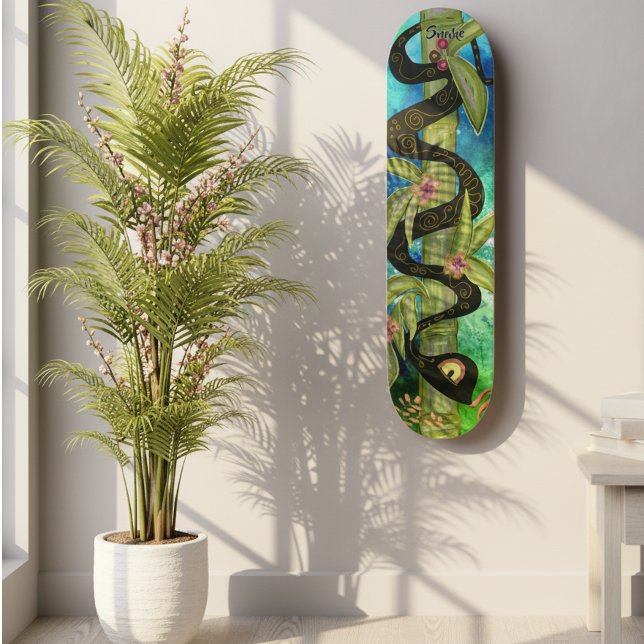 Cobra de Aquarela na Arte de skate Bamboo (Watercolor Snake on Bamboo Skateboard Art- on the wall)