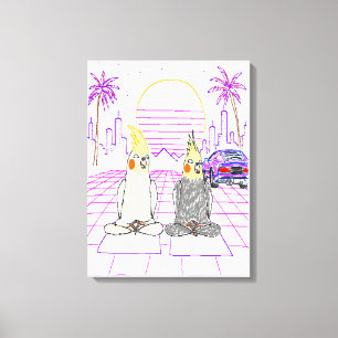 "Cockatiels Vaporwave Impressão em Tela do Pôr do