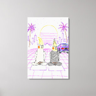 "Cockatiels Vaporwave Impressão em Tela do Pôr do