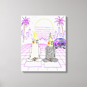 "Cockatiels Vaporwave Impressão em Tela do Pôr do