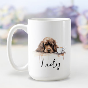 Cocker Spaniel com caneca de café, cão com atitude