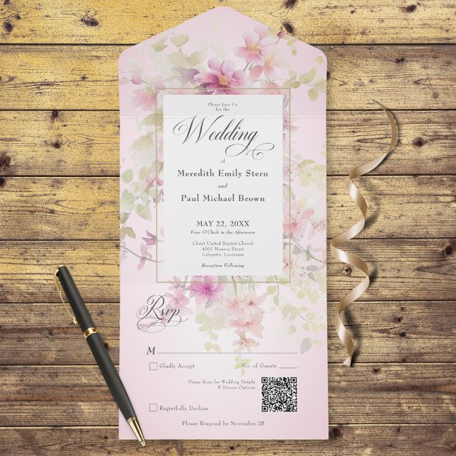 Cód. QR cor-de-rosa floreado e dobra (Also available without a QR code; with or without dinner selection options.)