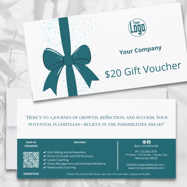Cód. QR - Placa de Voucher de Serviços de Treiname (QR Code Teal Life Coach Services Gift Voucher Card, Ribbon, Logo, Company Handwritten Note)