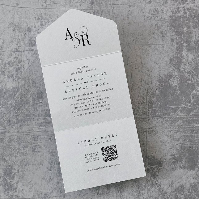 Código ANDREA QR Branco Preto Simples Casamento Mí (ANDREA QR Code White Black Simple Minimal Wedding All In One Invitation)